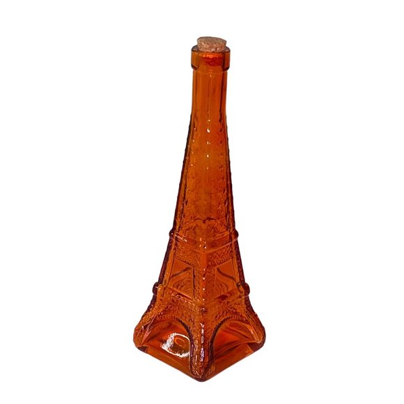 Eiffel Tower Bottle Orange Glass Decanter w/ Cork Liquor Barware Vintage 11" - Picture 2 of 6